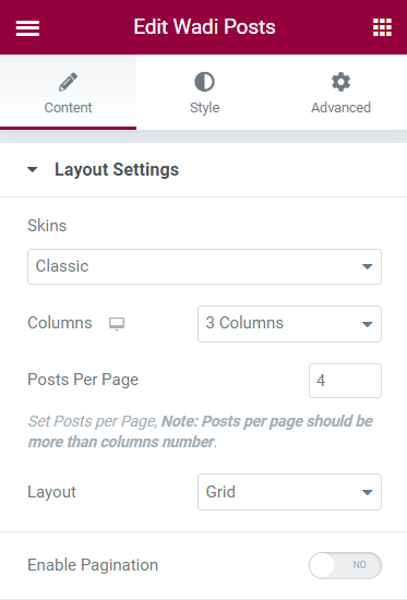 Wadi Posts for Elementor Layout Settings Section in Elementor Editor